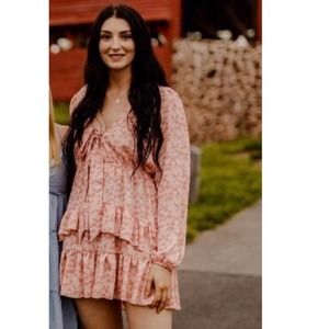 Forever 21 | Pink Floral Long Sleeve chest cut out tie Dress tiered